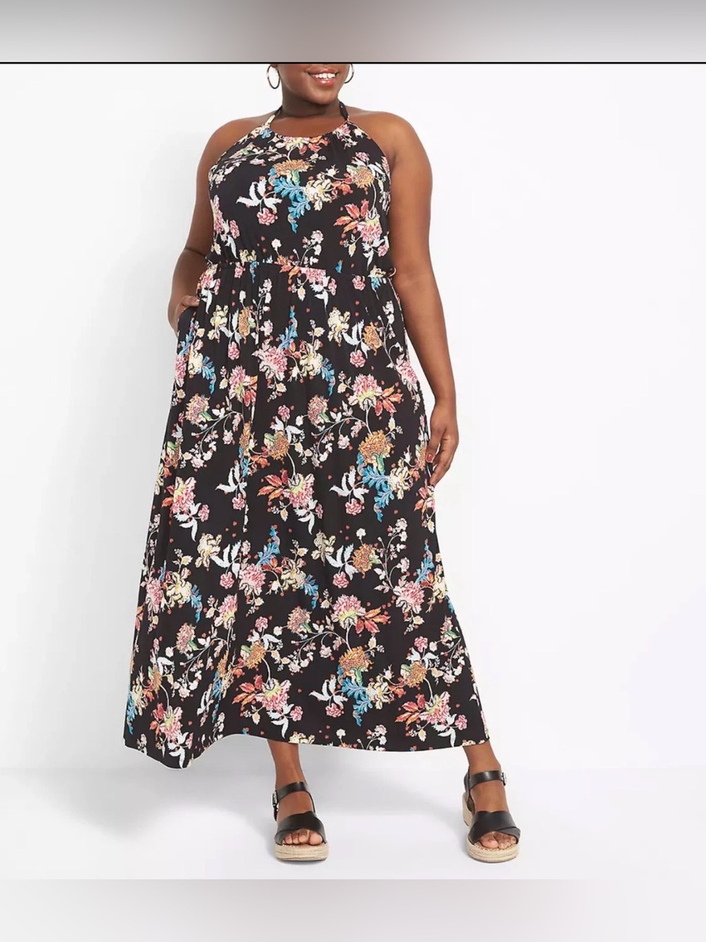 Lane Bryant Black Floral Halter Maxi Dress